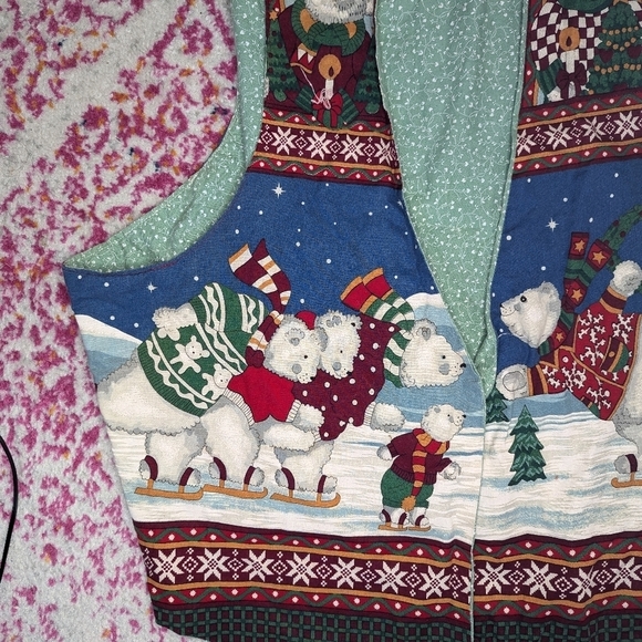 Vintage Christmas Polar bear ice skating tree double sided vest woman's 2XL - Picture 2 of 5